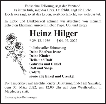 Traueranzeige von Heinz Hilger  von Magdeburger Volksstimme