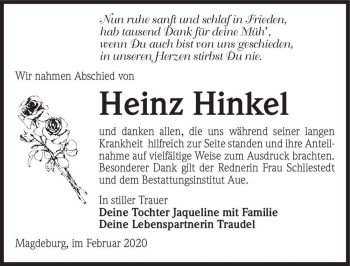 Traueranzeige von Heinz Hinkel  von Magdeburger Volksstimme