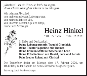 Traueranzeige von Heinz Hinkel  von Magdeburger Volksstimme