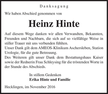 Traueranzeige von Heinz Hinte  von Magdeburger Volksstimme