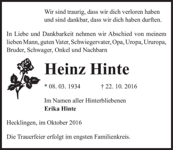 Traueranzeige von Heinz Hinte  von Magdeburger Volksstimme