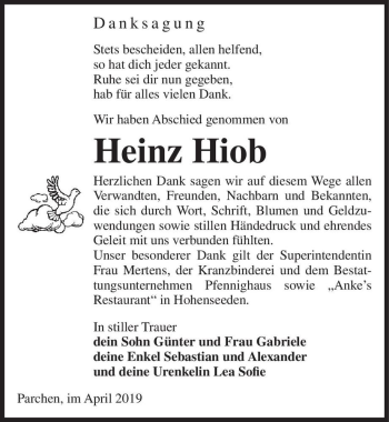 Traueranzeige von Heinz Hiob  von Magdeburger Volksstimme