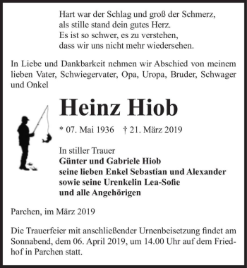 Traueranzeige von Heinz Hiob  von Magdeburger Volksstimme