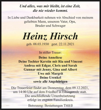 Traueranzeige von Heinz Hirsch  von Magdeburger Volksstimme