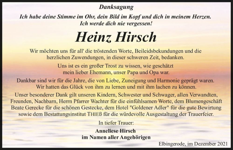  Traueranzeige für Heinz Hirsch  vom 24.12.2021 aus Magdeburger Volksstimme