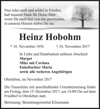 Traueranzeige von Heinz Hobohm  von Magdeburger Volksstimme