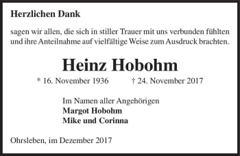 Traueranzeige von Heinz Hobohm  von Magdeburger Volksstimme