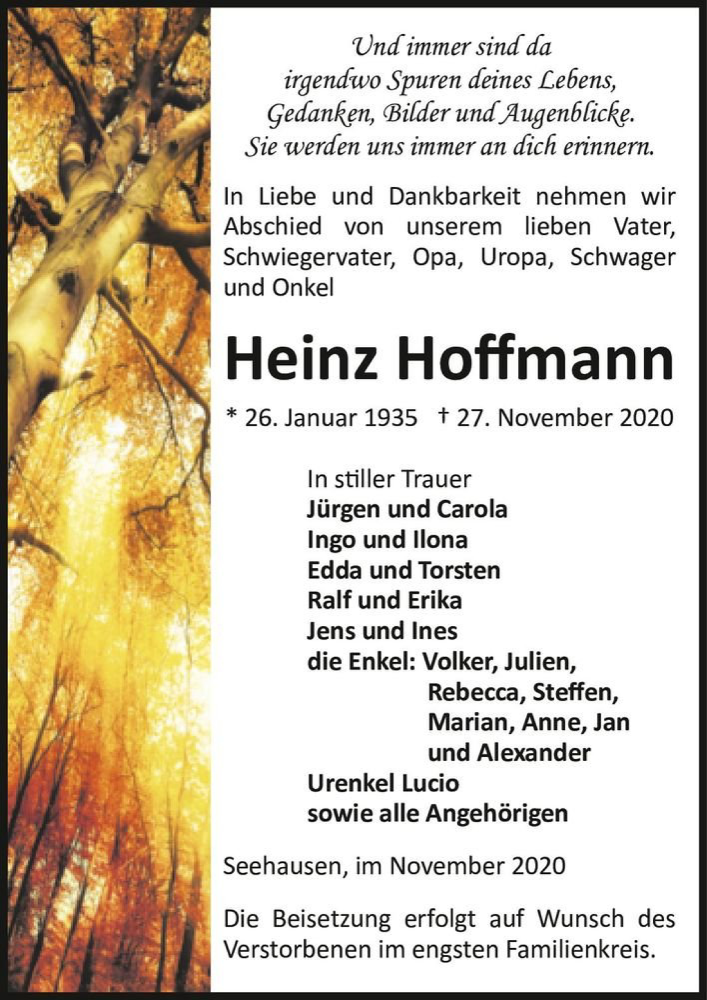  Traueranzeige für Heinz Hoffmann  vom 05.12.2020 aus Magdeburger Volksstimme