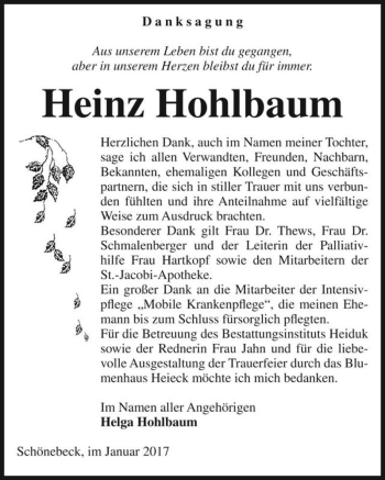 Traueranzeige von Heinz Hohlbaum  von Magdeburger Volksstimme