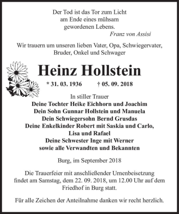 Traueranzeige von Heinz Hollstein  von Magdeburger Volksstimme
