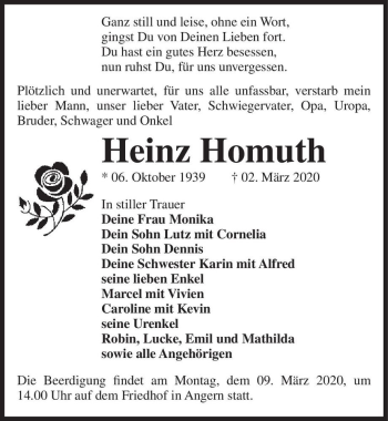 Traueranzeige von Heinz Homuth  von Magdeburger Volksstimme