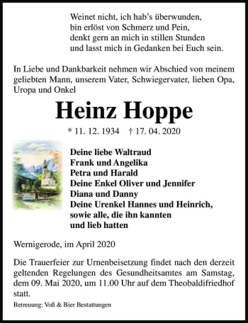 Traueranzeige von Heinz Hoppe  von Magdeburger Volksstimme