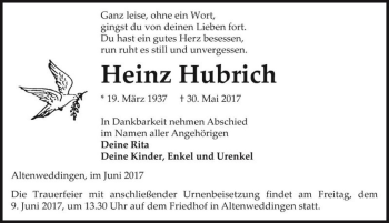 Traueranzeige von Heinz Hubrich  von Magdeburger Volksstimme