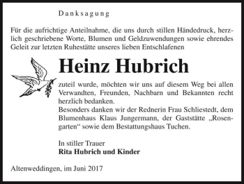 Traueranzeige von Heinz Hubrich  von Magdeburger Volksstimme