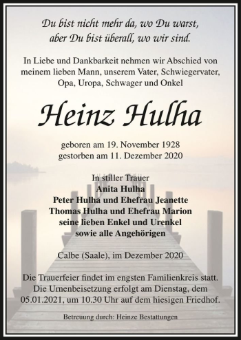 Traueranzeige von Heinz Hulha  von Magdeburger Volksstimme