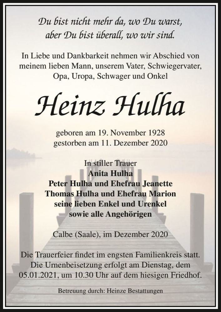  Traueranzeige für Heinz Hulha  vom 19.12.2020 aus Magdeburger Volksstimme