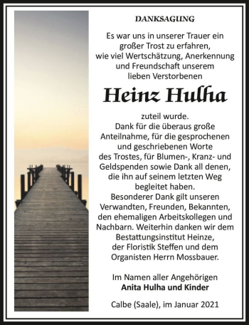 Traueranzeige von Heinz Hulha  von Magdeburger Volksstimme