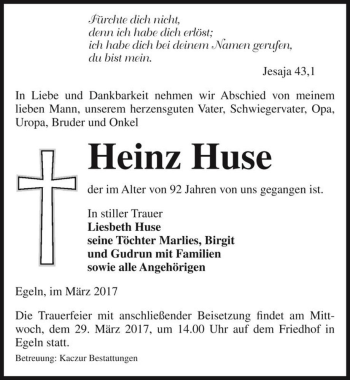 Traueranzeige von Heinz Huse  von Magdeburger Volksstimme