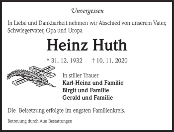 Traueranzeige von Heinz Huth  von Magdeburger Volksstimme