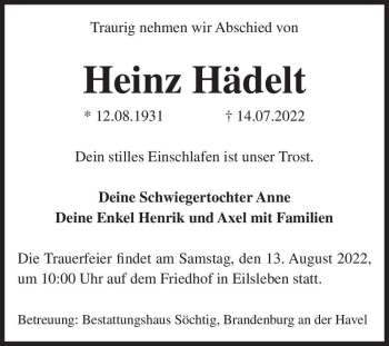 Traueranzeige von Heinz Hädelt  von Magdeburger Volksstimme