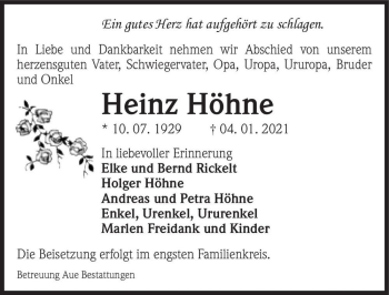 Traueranzeige von Heinz Höhne  von Magdeburger Volksstimme