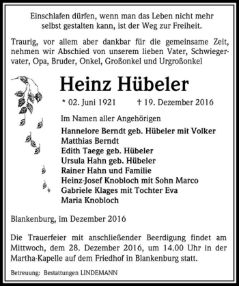 Traueranzeige von Heinz Hübeler  von Magdeburger Volksstimme