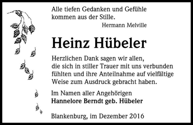  Traueranzeige für Heinz Hübeler  vom 07.01.2017 aus Magdeburger Volksstimme