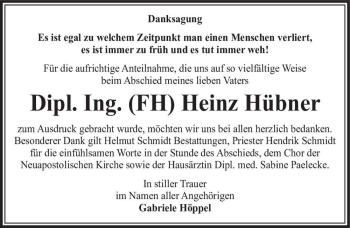 Traueranzeige von Heinz Hübner  von Magdeburger Volksstimme