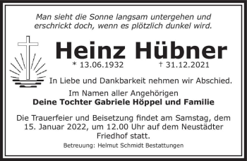 Traueranzeige von Heinz Hübner  von Magdeburger Volksstimme