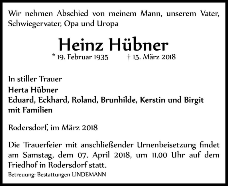  Traueranzeige für Heinz Hübner  vom 24.03.2018 aus Magdeburger Volksstimme