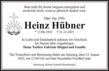 Traueranzeige von Heinz Hübner  von Magdeburger Volksstimme