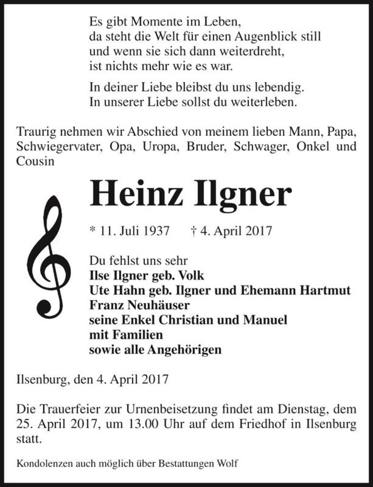  Traueranzeige für Heinz Ilgner  vom 08.04.2017 aus Magdeburger Volksstimme