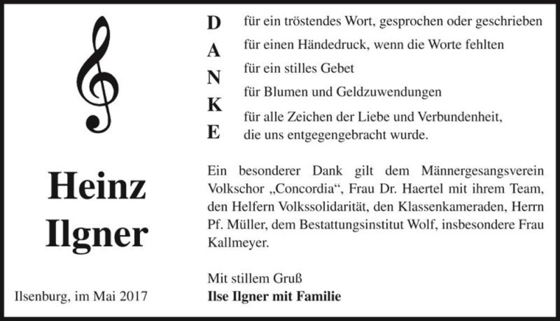  Traueranzeige für Heinz Ilgner  vom 09.05.2017 aus Magdeburger Volksstimme