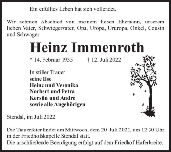 Traueranzeige von Heinz Immenroth  von Magdeburger Volksstimme