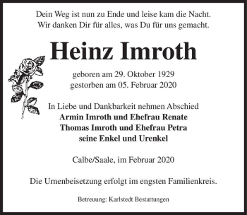 Traueranzeige von Heinz Imroth  von Magdeburger Volksstimme