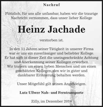Traueranzeige von Heinz Jachade  von Magdeburger Volksstimme