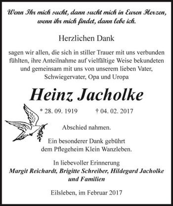Traueranzeige von Heinz Jacholke  von Magdeburger Volksstimme