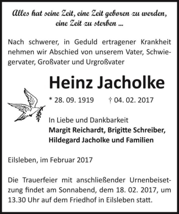 Traueranzeige von Heinz Jacholke  von Magdeburger Volksstimme