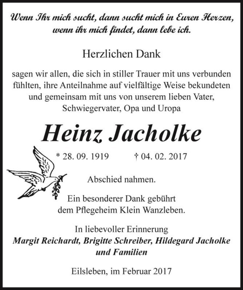  Traueranzeige für Heinz Jacholke  vom 24.02.2017 aus Magdeburger Volksstimme