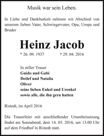Traueranzeige von Heinz Jacob  von Magdeburger Volksstimme