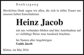 Traueranzeige von Heinz Jacob  von Magdeburger Volksstimme