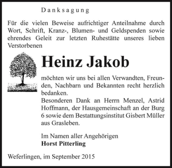 Traueranzeige von Heinz Jakob  von Magdeburger Volksstimme