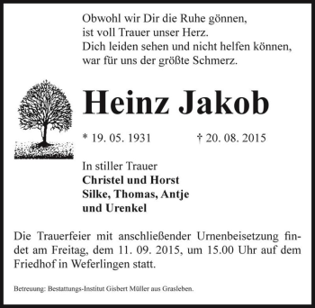Traueranzeige von Heinz Jakob  von Magdeburger Volksstimme
