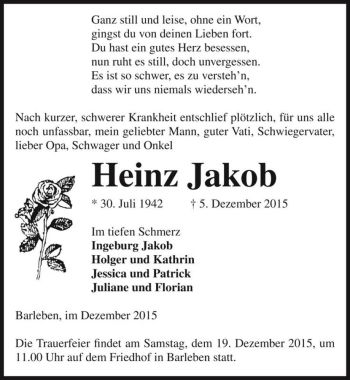 Traueranzeige von Heinz Jakob  von Magdeburger Volksstimme