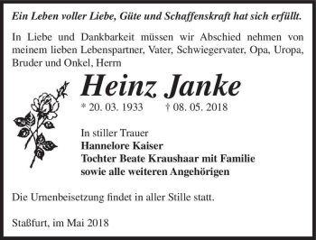 Traueranzeige von Heinz Janke  von Magdeburger Volksstimme