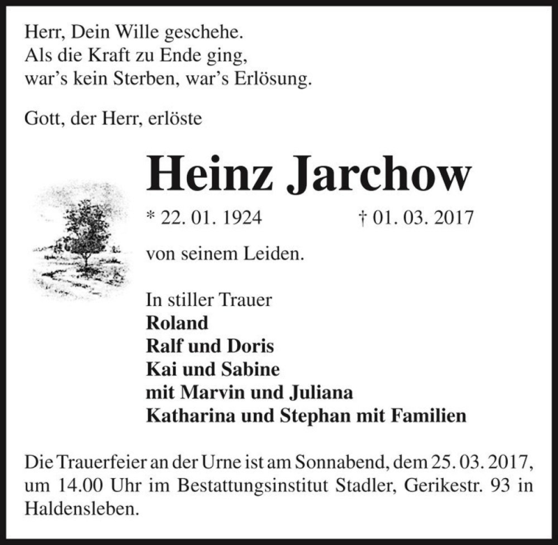  Traueranzeige für Heinz Jarchow  vom 04.03.2017 aus Magdeburger Volksstimme