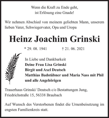 Traueranzeige von Heinz Joachim Grinski  von Magdeburger Volksstimme