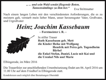 Traueranzeige von Heinz Joachim Kassebaum  von Magdeburger Volksstimme