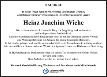 Traueranzeige von Heinz Joachim Wiehe  von Magdeburger Volksstimme