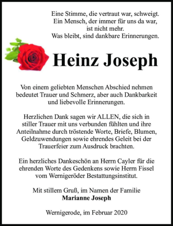 Traueranzeige von Heinz Joseph  von Magdeburger Volksstimme